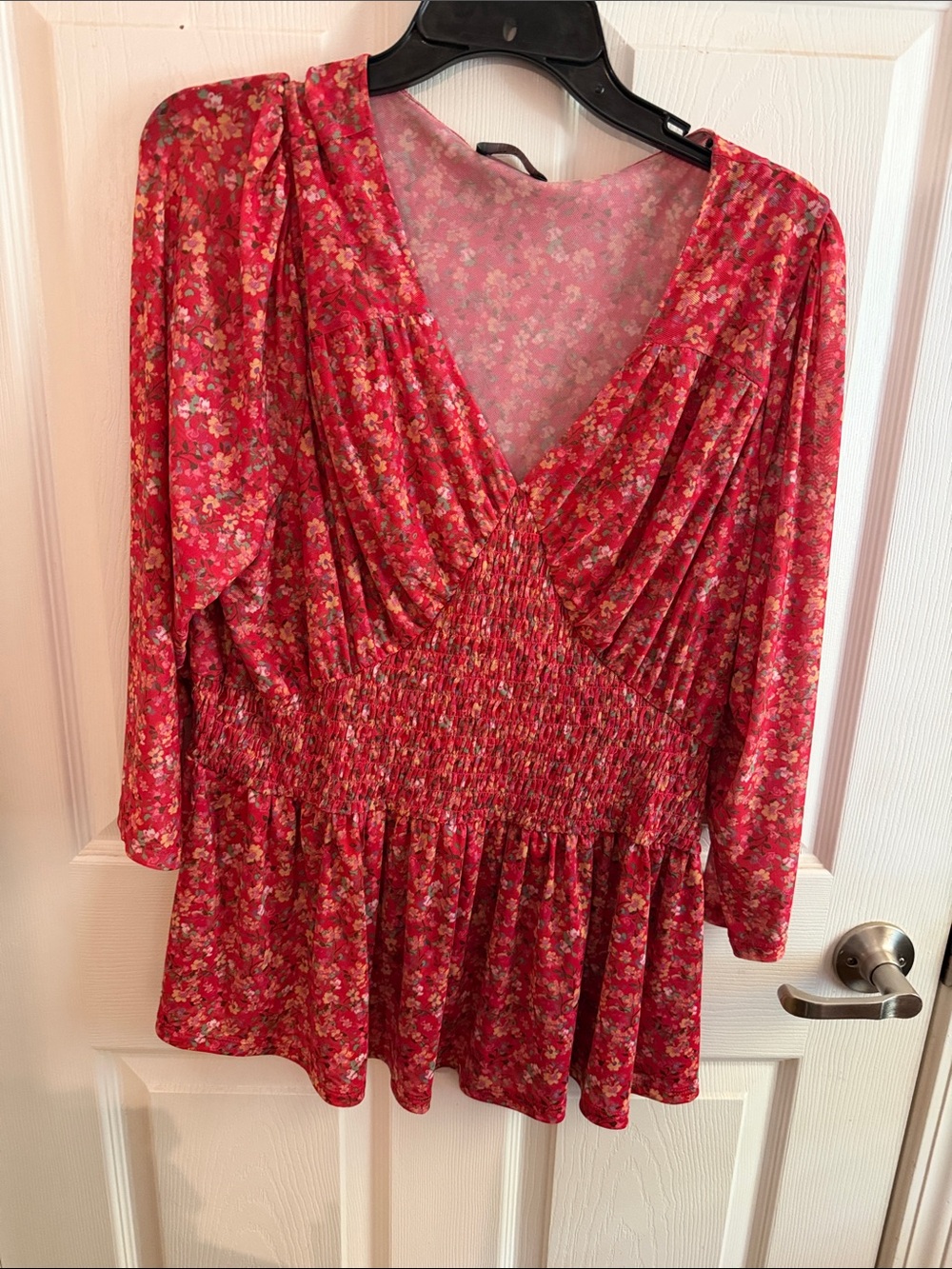 Lane Bryant Red Floral V-Neck Smocked Peplum Top